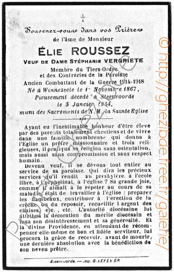 Elie Roussez veuf de Dame Stéphanie Vergriete, décédé à Steenvoorde, le 3 Janvier 1954.